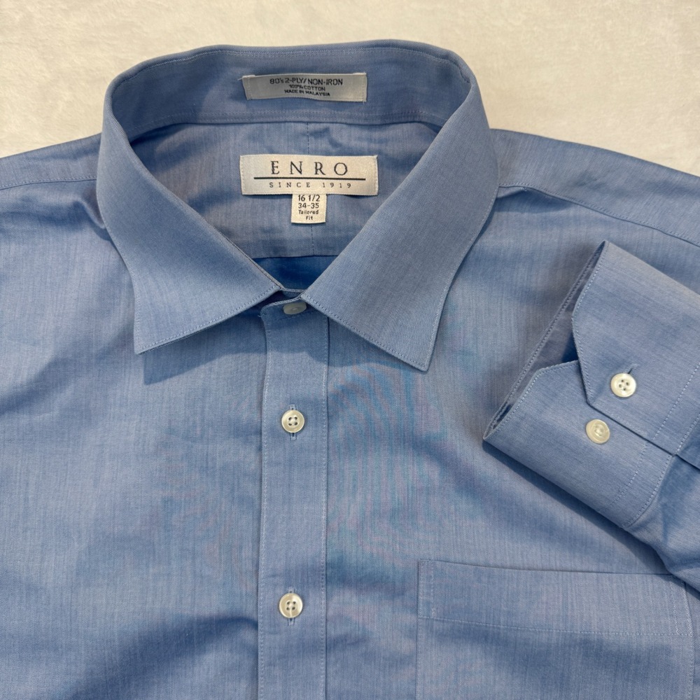 Enro Mens Light Blue Non-Iron Tailored Fit Dress Shirt 16.5 34-35 100% Cotton